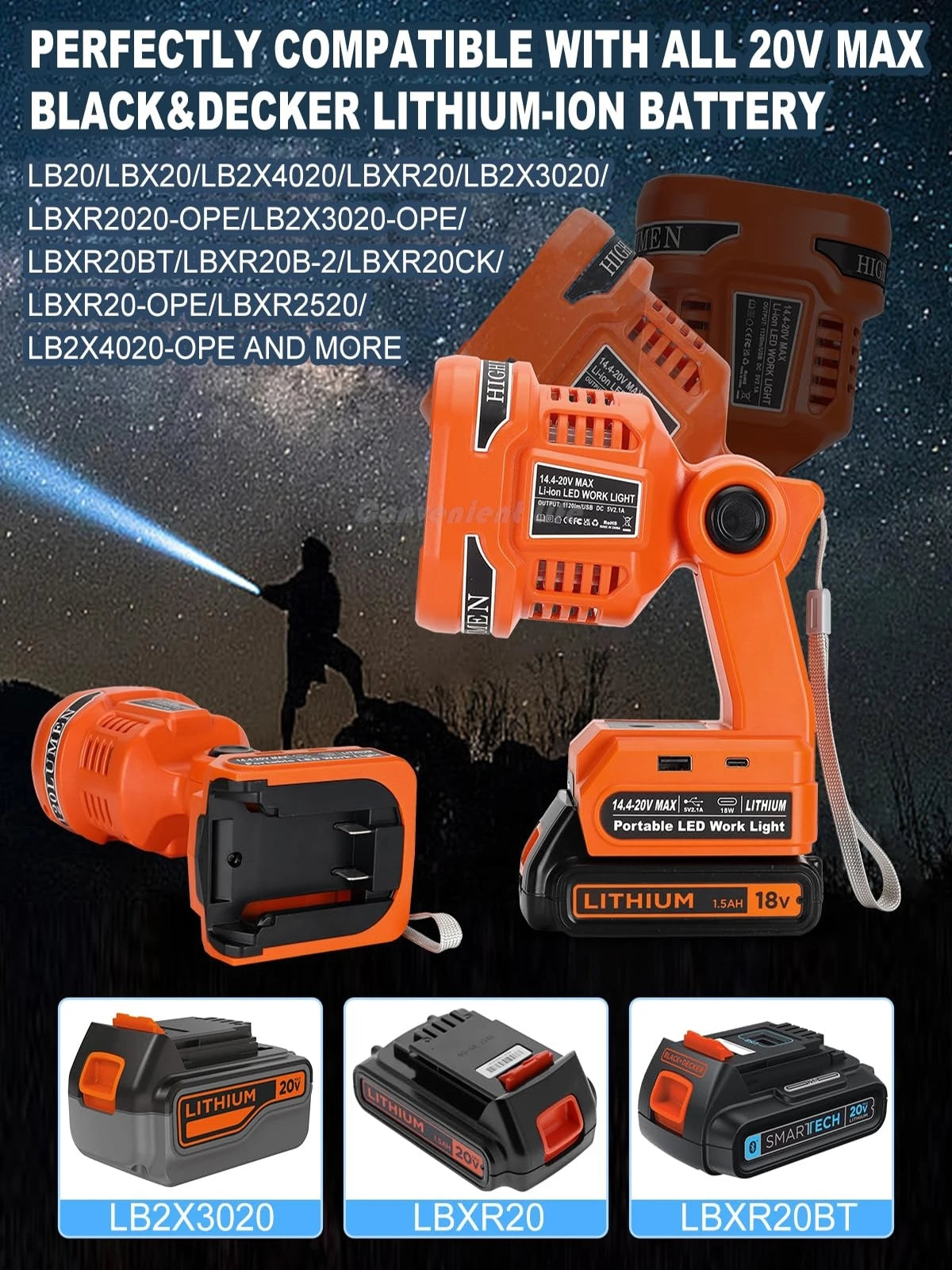 lampe torche led rechargeable orange moderne 22w 1120lm modes usb charge rapide