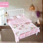 ensemble literie maison poupée lit tête lit métal couverture drap taies oreillers motifs floraux