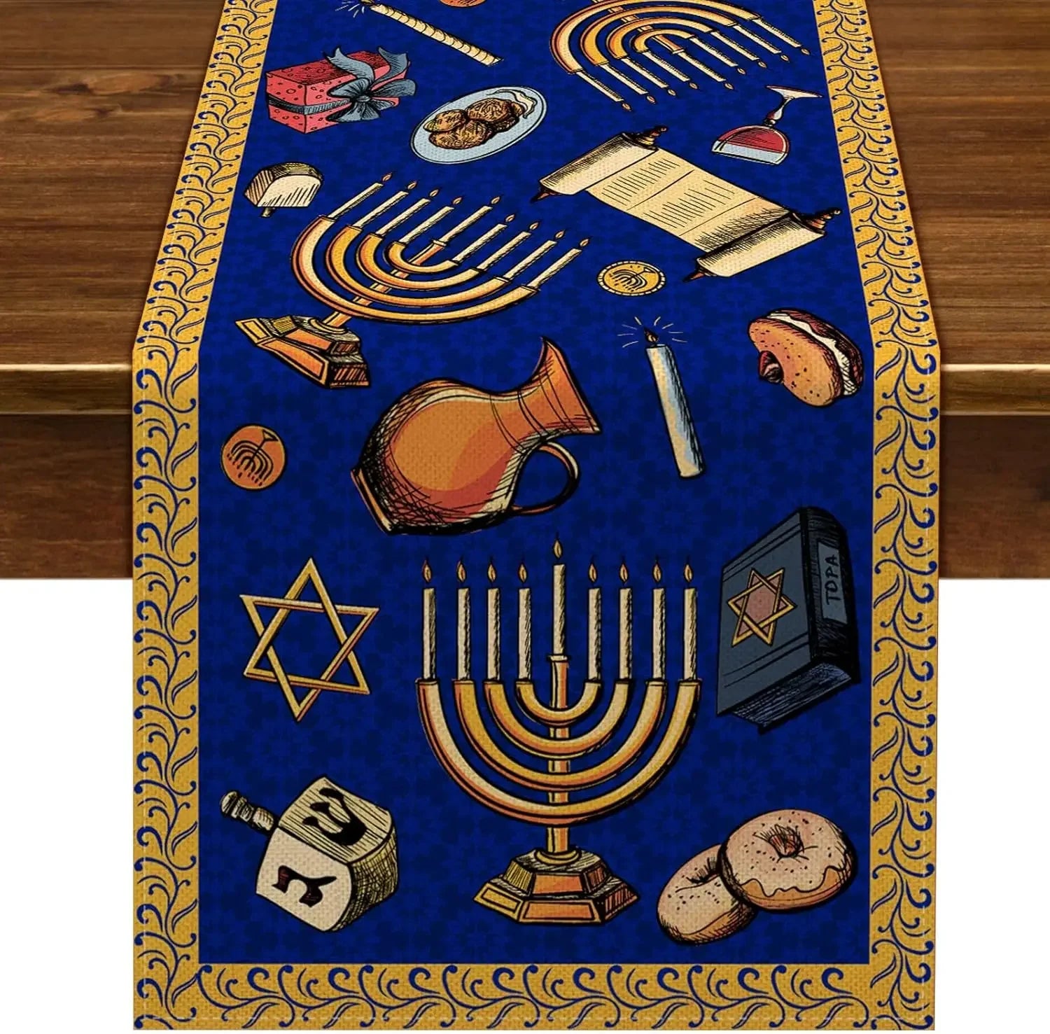 Une image riche en symboles et en détails liés à la fête juive de Hanoukka, incluant une menorah, des dreidels, des beignets traditionnels et d'autres éléments caractéristiques de cette célébration.