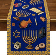 nappe lin bleu doré motifs hanoucca menorah étoile david dreidel beignets traditionnels festive