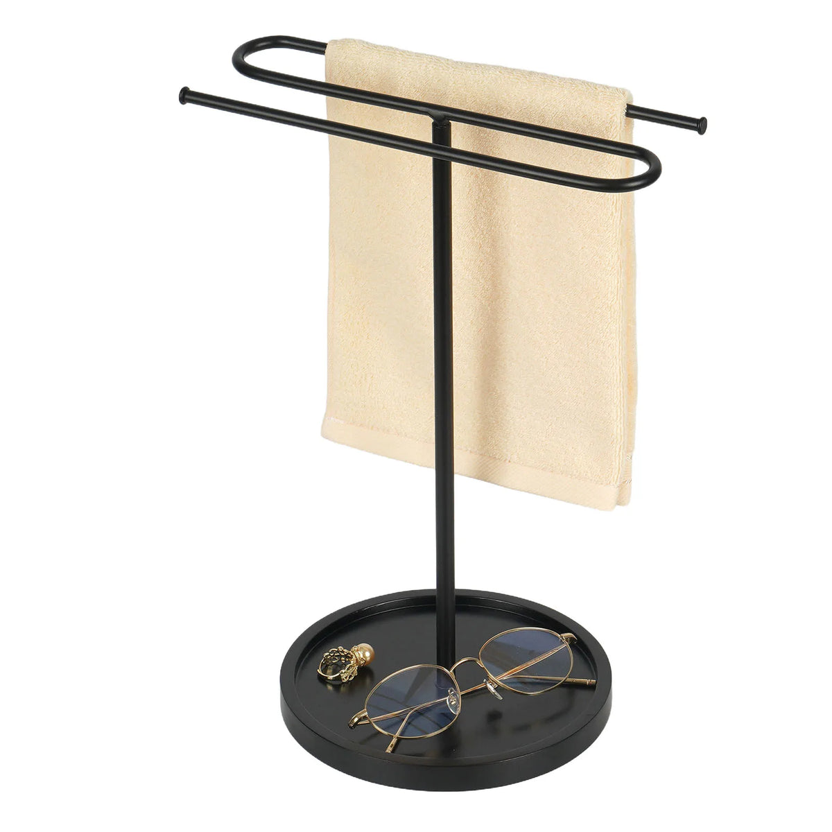 porte serviettes moderne noir mat serviette beige motif orange base circulaire salle bain acier