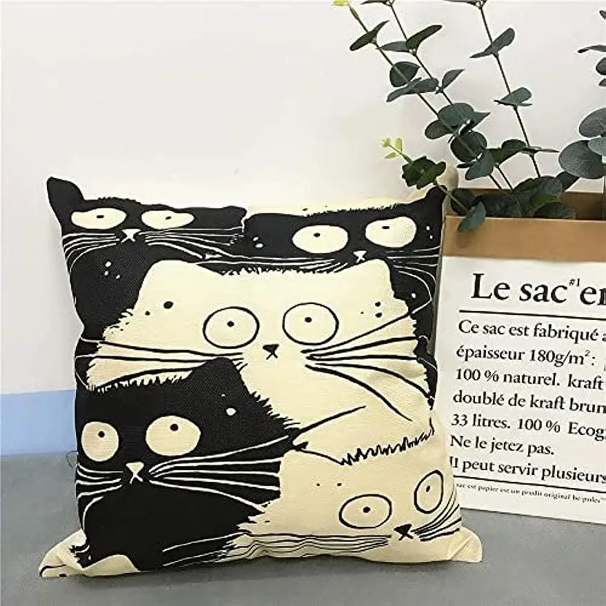 taie d'oreiller lin motif chats noir blanc moderne 45x45cm fixée