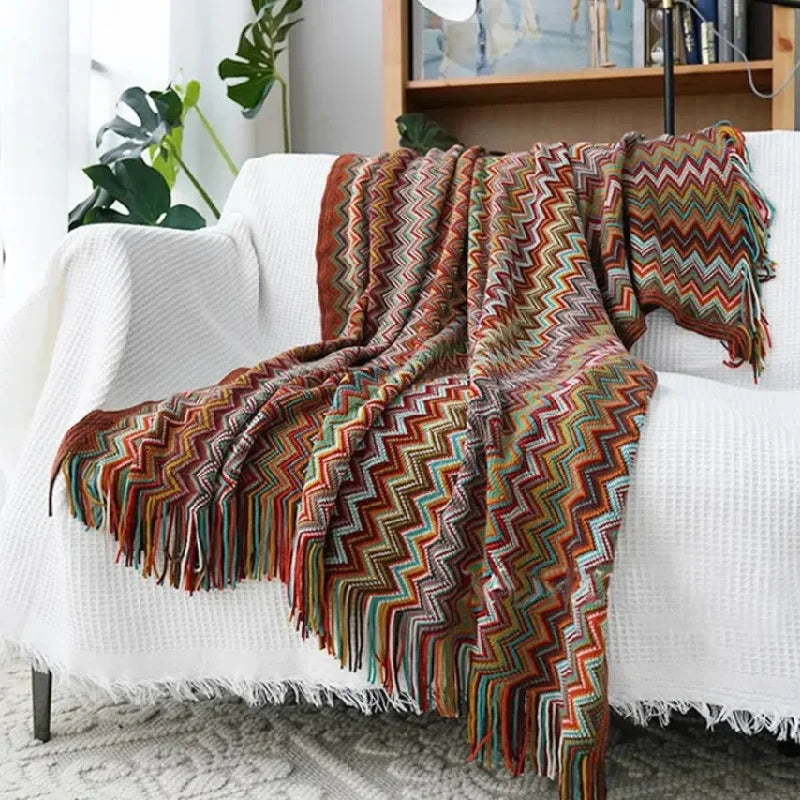 couverture plaid bohème ethnique rouge orange marron turquoise beige zigzag franges adaptable maison