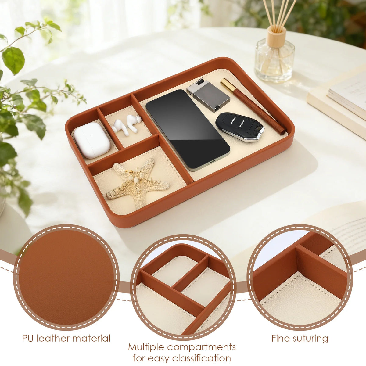 plateau rangement moderne marron simili cuir quatre compartiments smartphone écouteurs clés porte monnaie stylo
