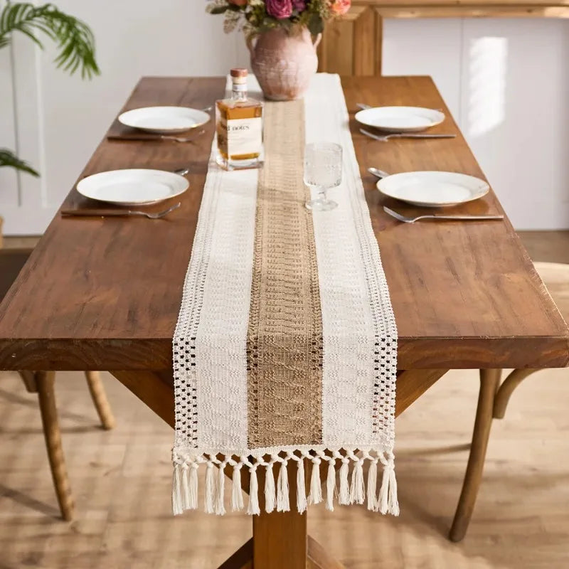 chemin table tressé rustique bohème beige marron blanc franges noel halloween pâques