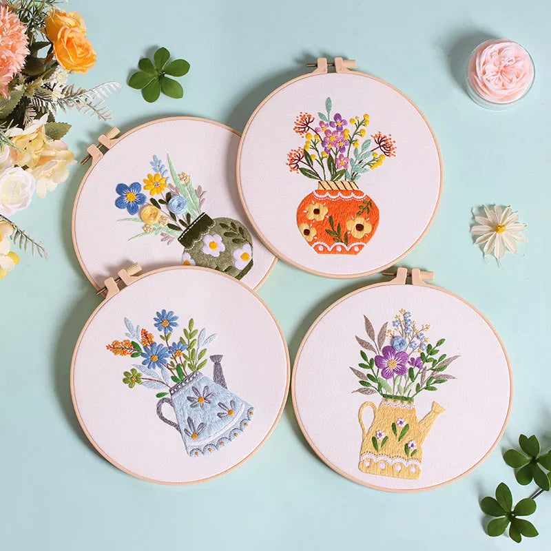 kit broderie tissu coton fleurs vases multicolore instructions aiguille anneaux DIY decoration chambre pastoral