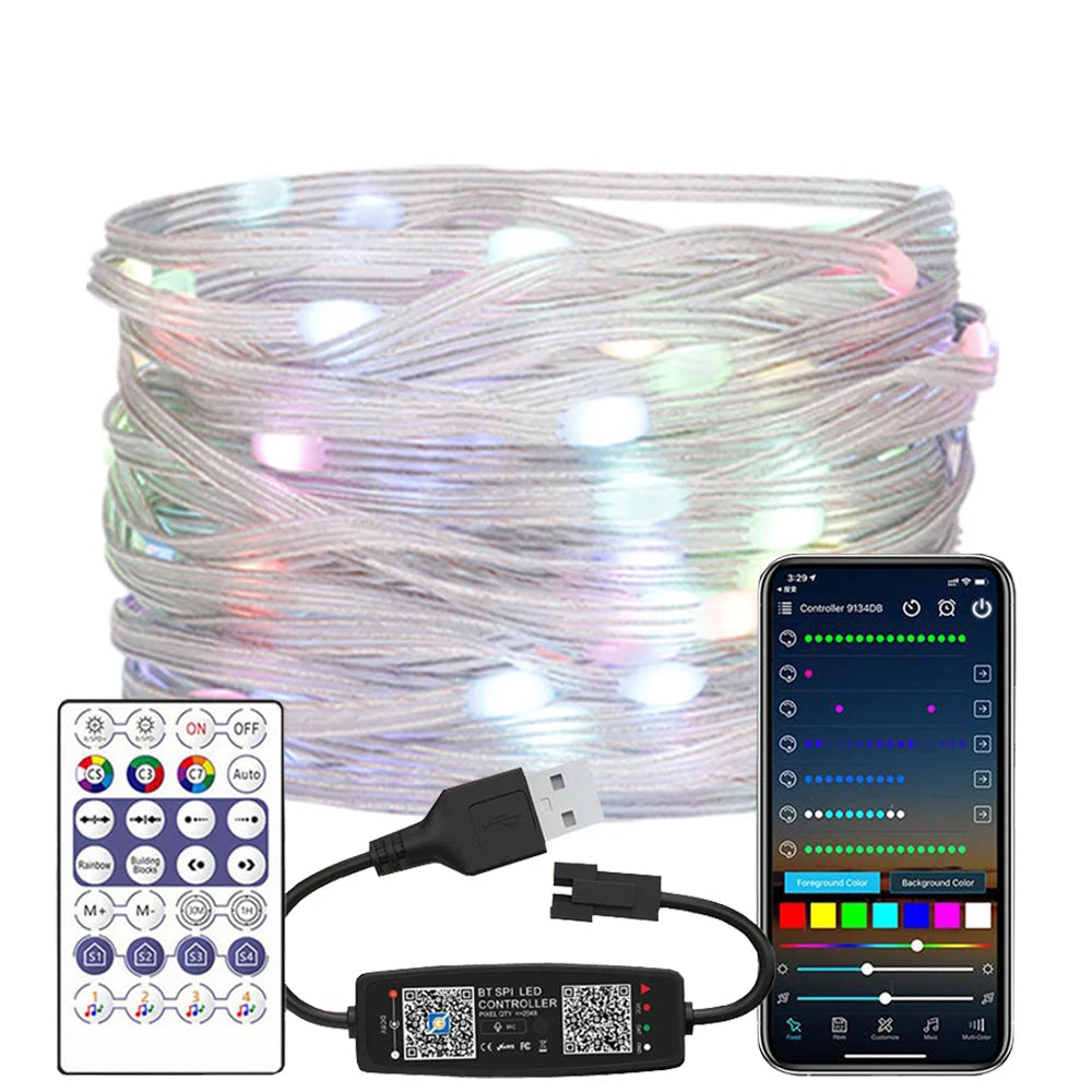 guirlande lumineuse led rgb adressable usb decoration noel mariage jardin fil transparent vert noir