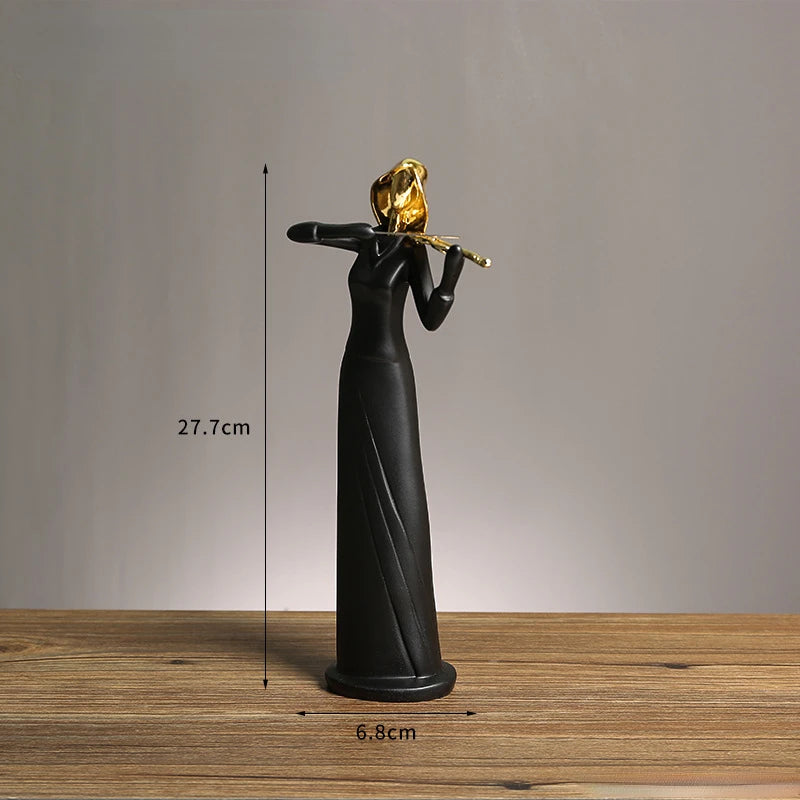 statue musicien moderne abstraite saxophone guitare noire décoration intérieure couple instrumental résine opaque base