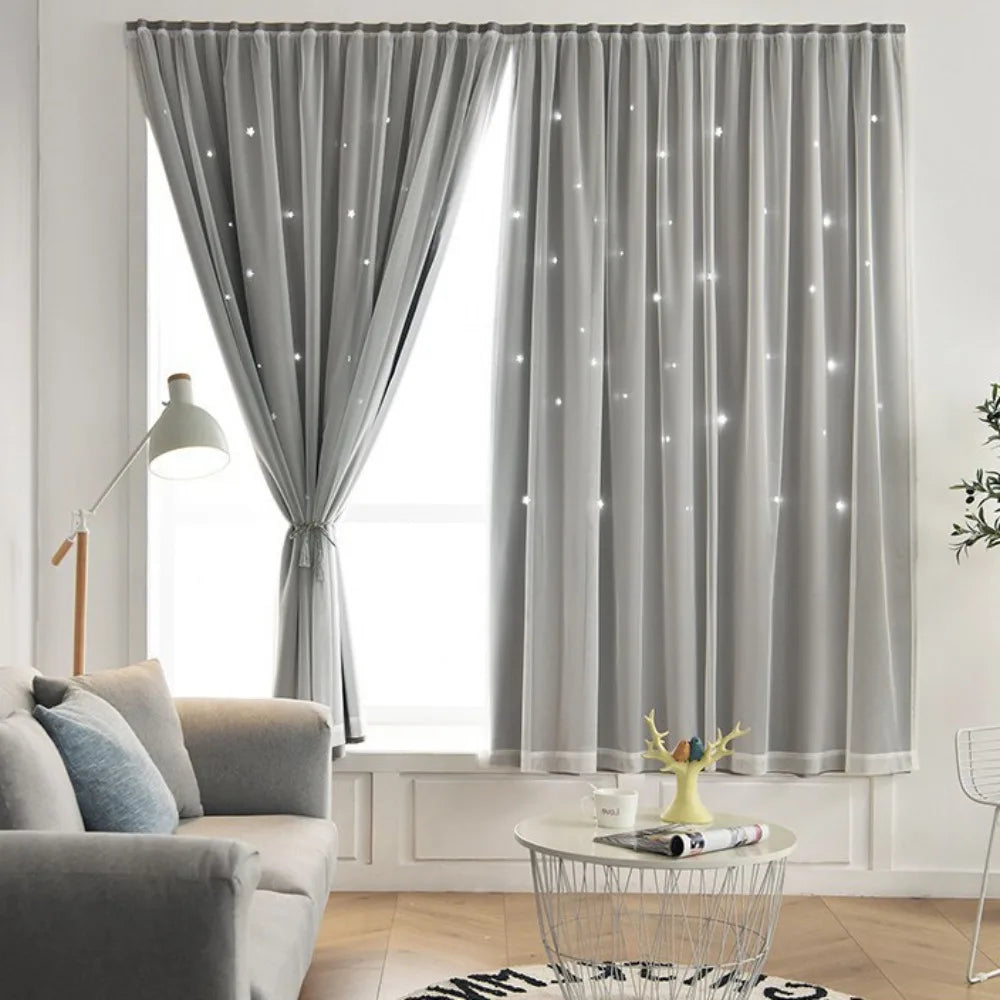 rideau moderne étoiles blancs gris clair bleu clair beige vert rose polyester translucide chambre