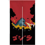 rideau japonais noren monster Godzilla illustration flammes explosion couleurs rouge noir cuisine entrée