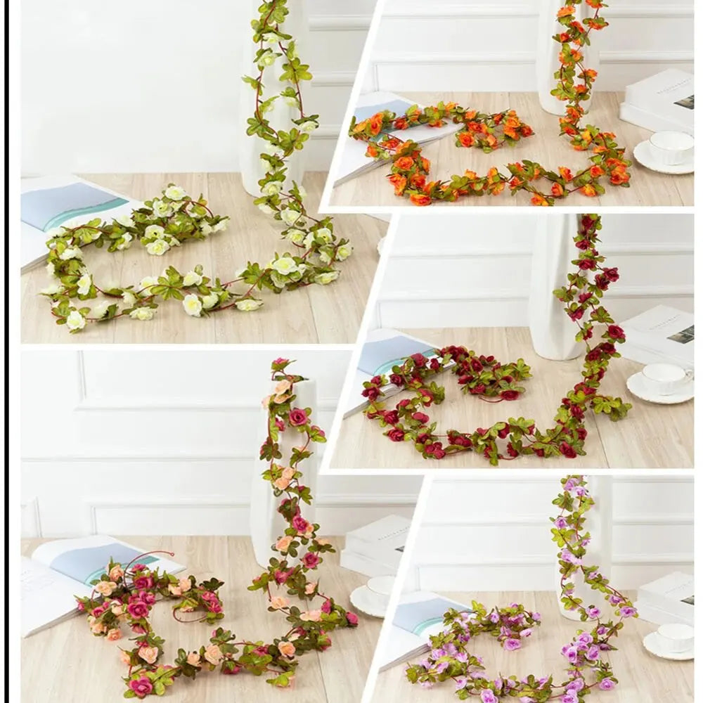guirlande fleurs artificielles roses jaunes blanches vertes feuilles vertes mariage décoration extérieure