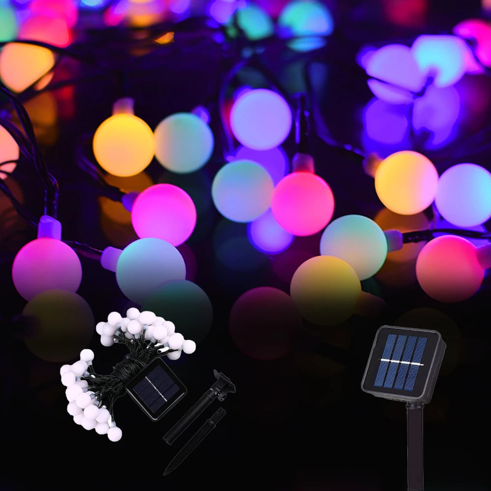 guirlande lumineuse solaire multicolore 50 led boules sphériques moderne piquet noir