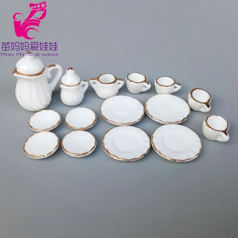 service thé miniature blanc doré rose bleu vert fleurs classique tasse théière soucoupe assiette
