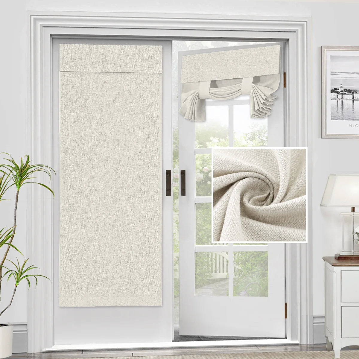 rideau porte français lin texturé solide beige clair taupe opacité variable latéraleintérieur branches pins