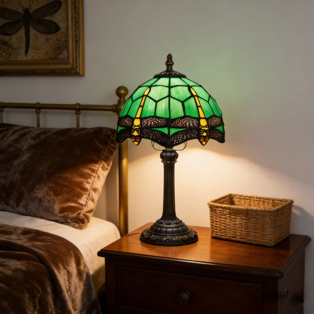 lampe table tiffany vert jaune libellules résine opaquité interrupteur câble électrique 110 240v 249