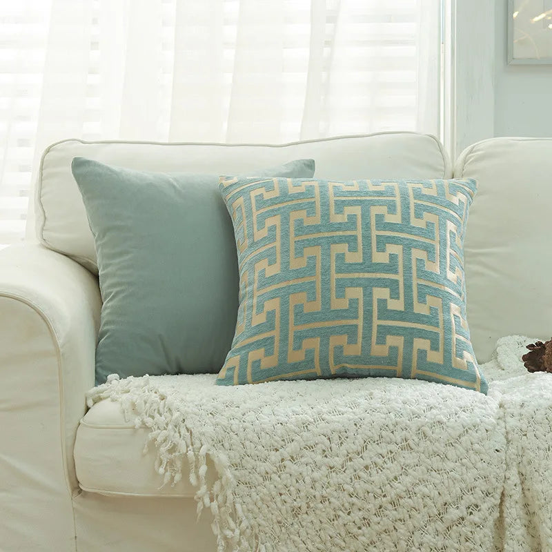 coussin patchwork géométrique bleu gris moderne 45x45cm polyester cotonversible décoration intérieure