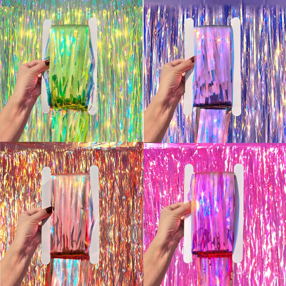 rideaux decoratifs franges scintillantes vert bleu violet argentés semi transparents adhésifs modernes festifs anniversaire