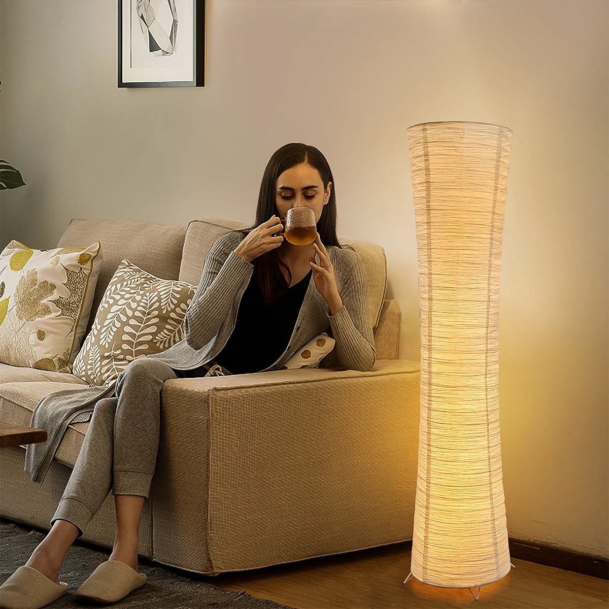 lampe sol moderne blanc rayures horizontales abat jour papier riz télécommande port usb led
