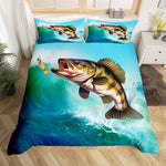 Housse de couette poisson dans une chambre de garçon décorée thème marin