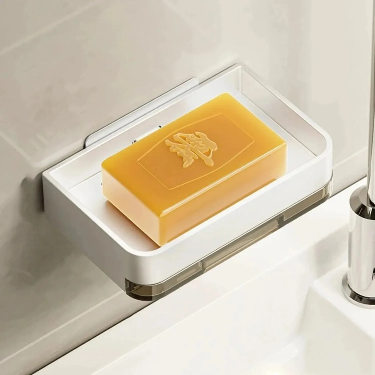 organisateur savon mural adhésif gris argenté moderne salle bain égouttoir strié lisse