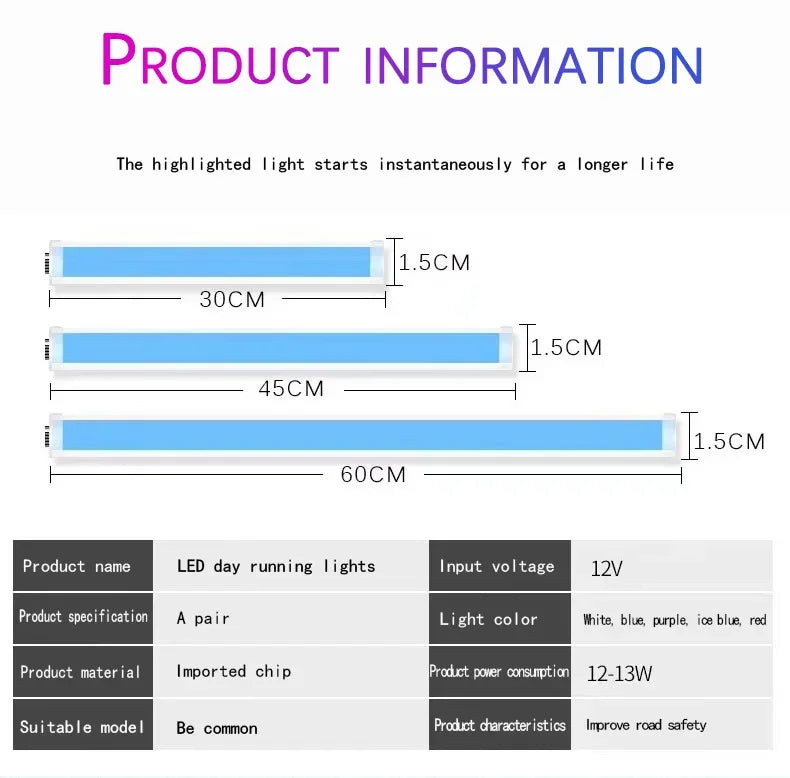 feux jour led bleu blanc rouge moderne adhésif 30cm 45cm 60cm connectée app bluetooth