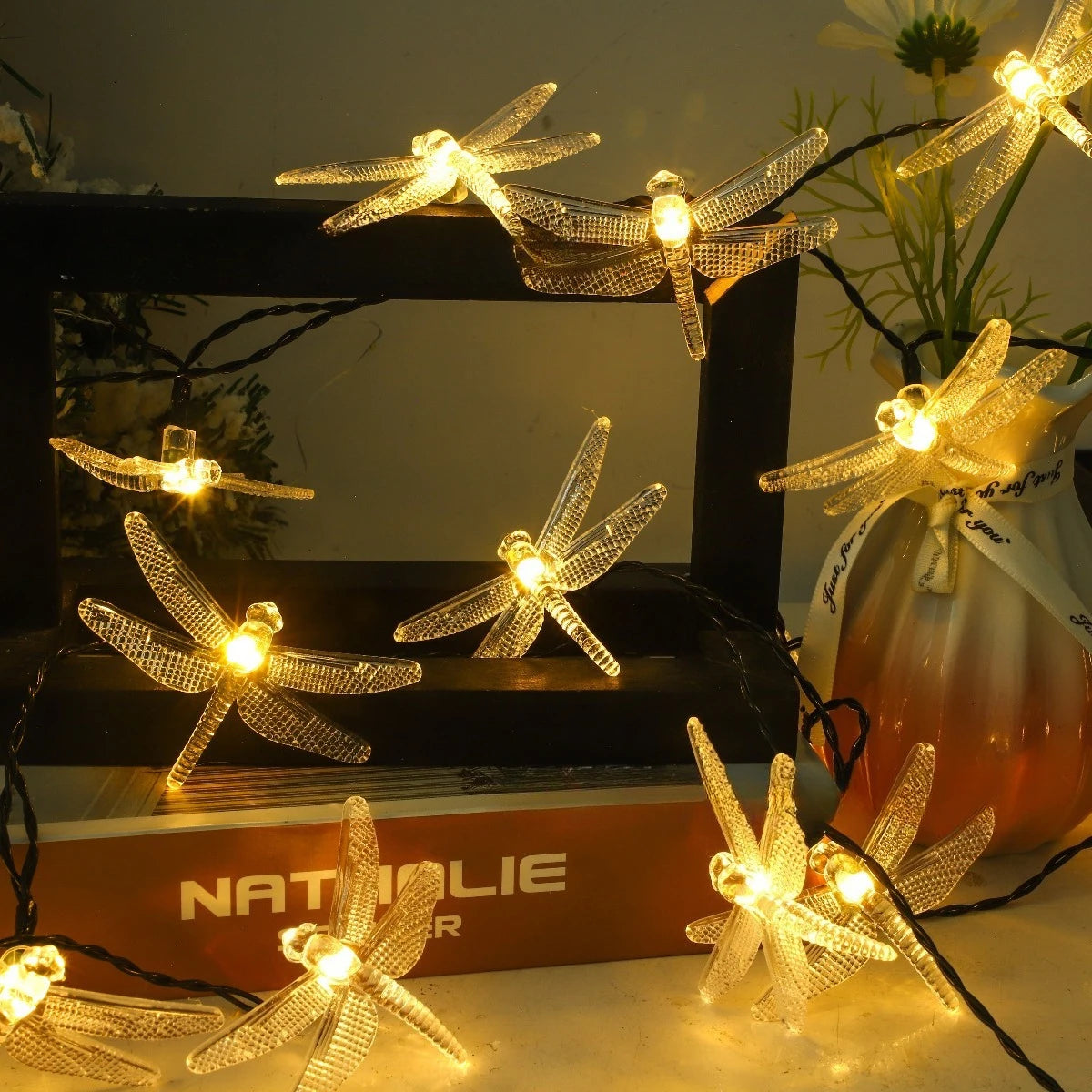 guirlande lumineuse libellules transparentes 10 led batterie maison jardin fêtes anniversaires décoration vacances