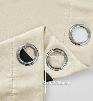 Rideau beige avec œillets en métal, dimensions détaillées indiquées, idéal pour la décoration intérieure moderne. Accessoire pratique pour contrôler la lumière et ajouter une touche élégante à votre espace de vie.