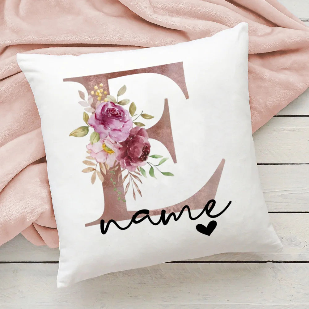 taie d'oreiller motif floral rose lettres initiales respectueux environnement moderne blanc