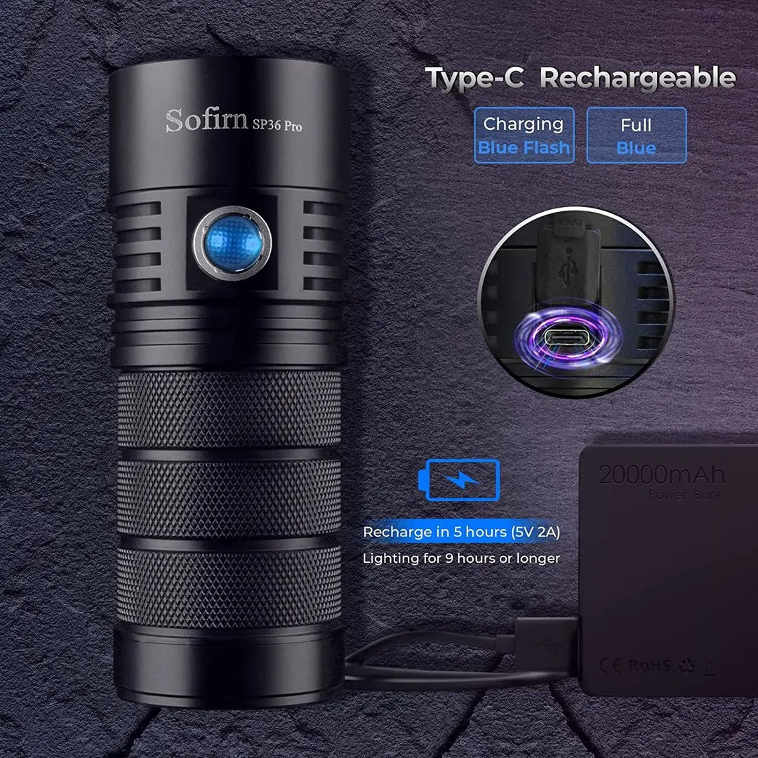 torche rechargeable led 8000 lumens 450m noir anti dérapant ipx8 aluminium