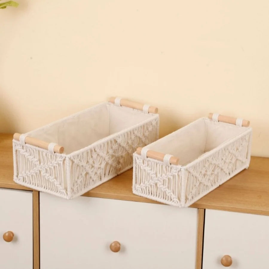 paniers macramé blancs boho chic poignées bois rangement decoration interieur storage glam