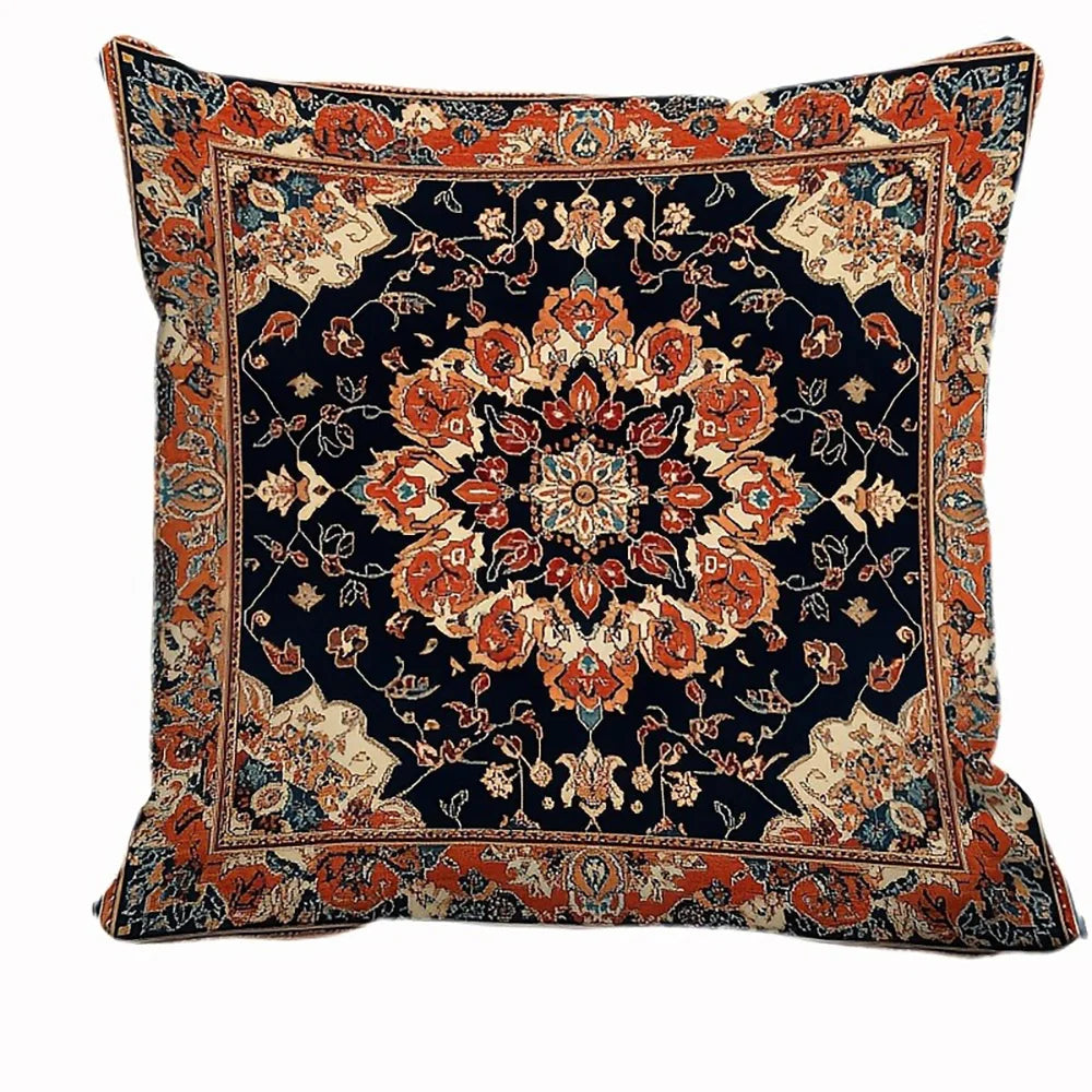 taies d'oreiller décoratives motifs floraux géométriques vintage bleu marine orange beige blanc polyester peachskin