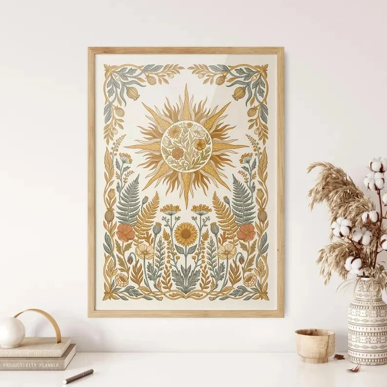 decoration murale boho chic affiche floral solaire feuilles couleurs vives chambre salon