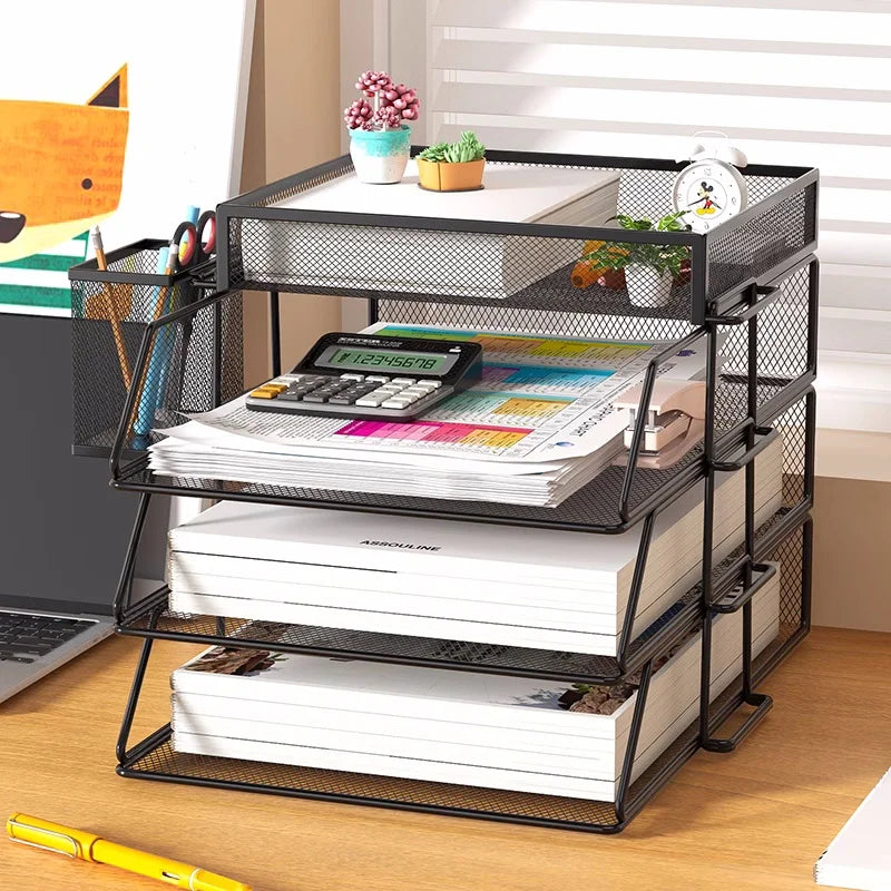 organisateur métal maille noir moderne fichiers A4 livres dessins horloge stylos plantes