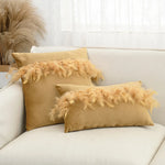 coussin décoratif carré velours pompon plumes patchwork moderne intérieur salon chambre taille 45x45cm