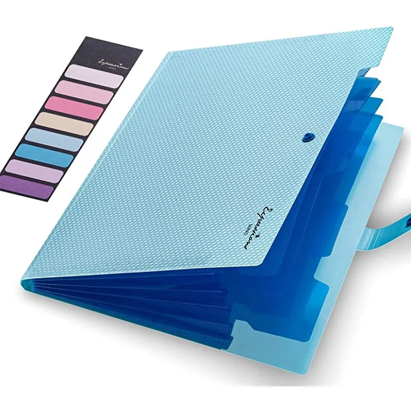 classeur compartiments gris bleu clair pochettes onglets texture micro perforée moderne fonctionnel snap closure