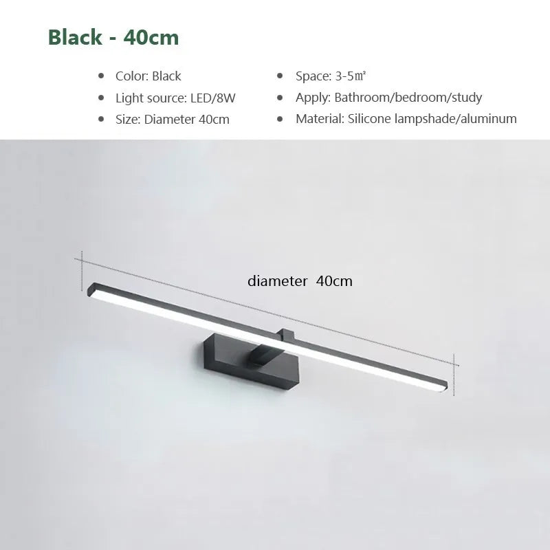 miroir led appliques murales modernes éclairage salle bain chambre coucher noir mat 40cm 60cm