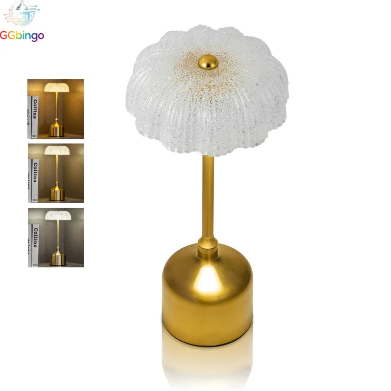 lampe table led rechargeable dorée transparente texture géométrique classique élégant abat jour fixée base