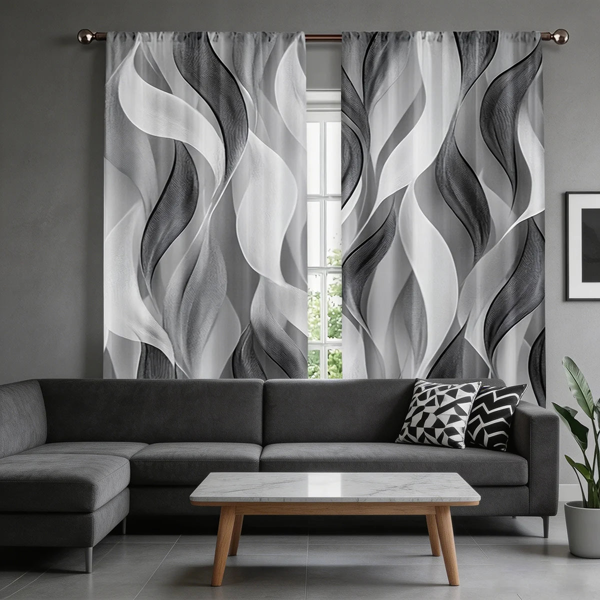 rideaux abstraits modernes gris blanc noir panneaux polyester inclusion accessoires tringle