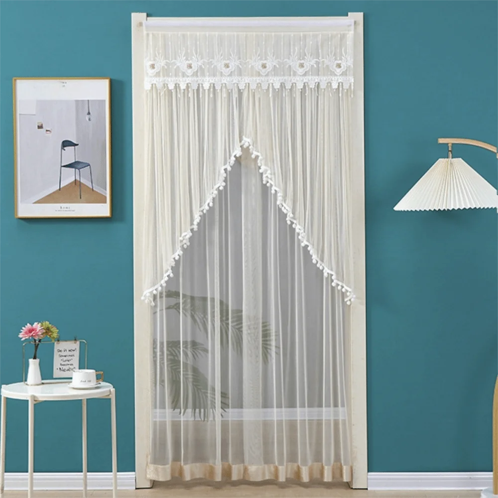 rideau porte décoration dentelle pompons auto adhésif blanc beige violet vertclair