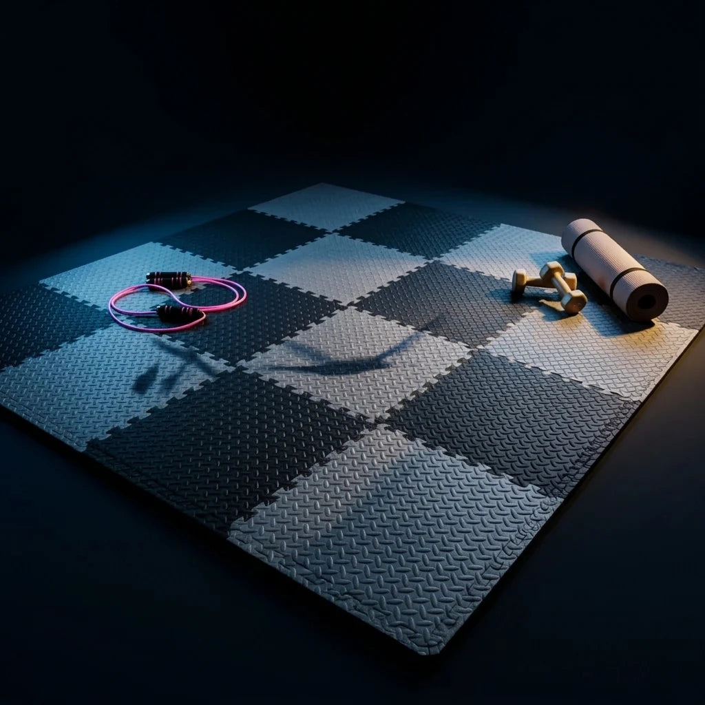 tapis sol modulable caoutchouc gris noir blanc carreaux géométriques antidérapant exercices maison
