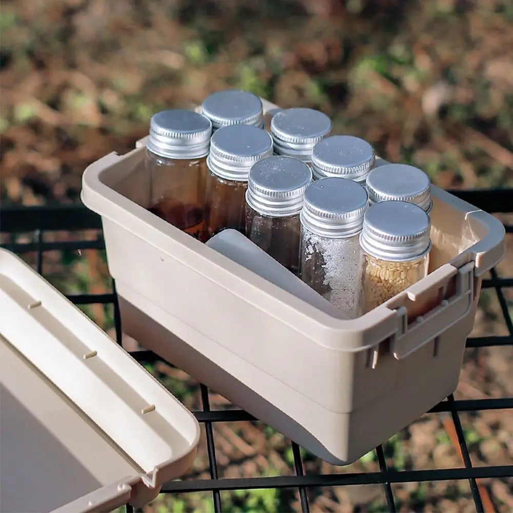 boîtes rangement camping beige vert noir pots conservation couvercle poignées durable respectueux environnement pratique