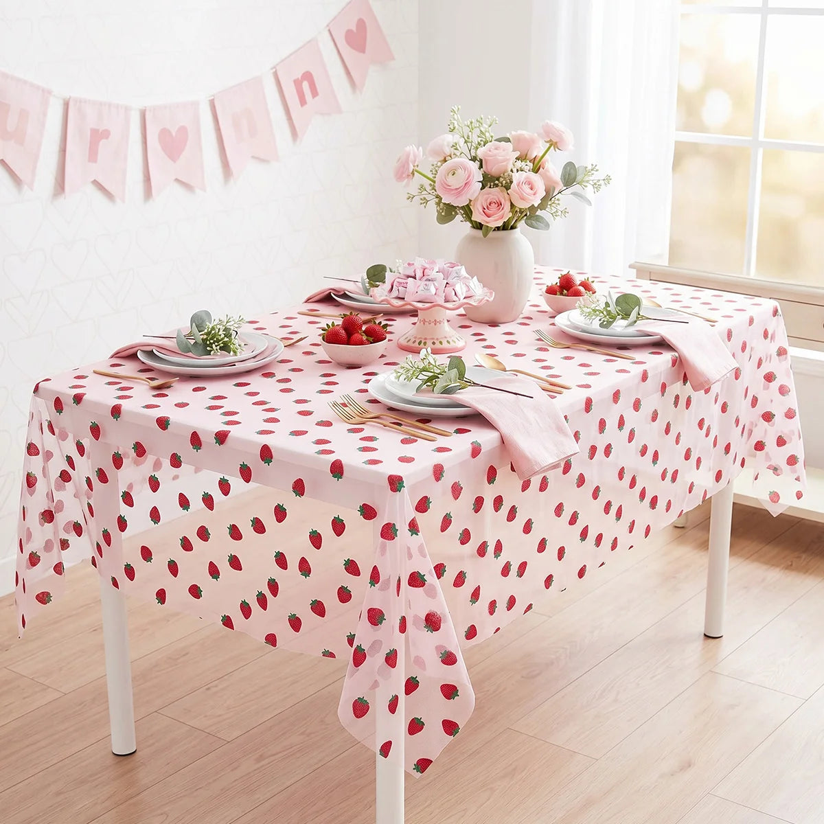 nappe semi transparente fraises motifs festives rose rouge vert table décoration mariage anniversaire noël