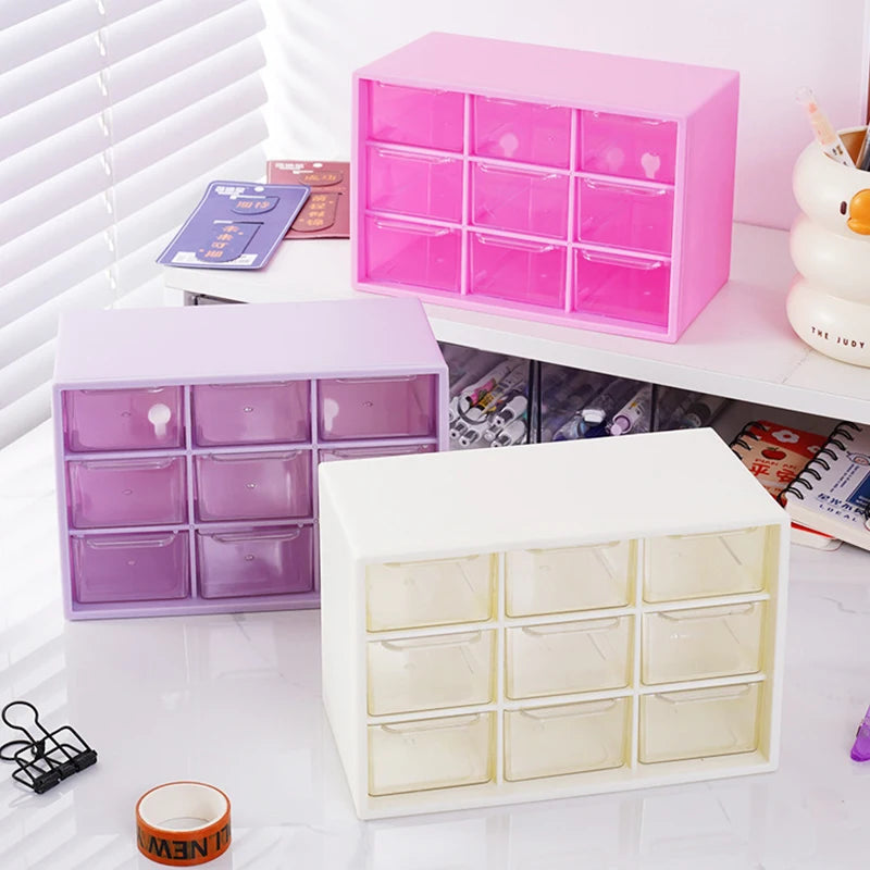 boîtes rangement tiroirs transparentes violet rose blanc organisation pratique moderne