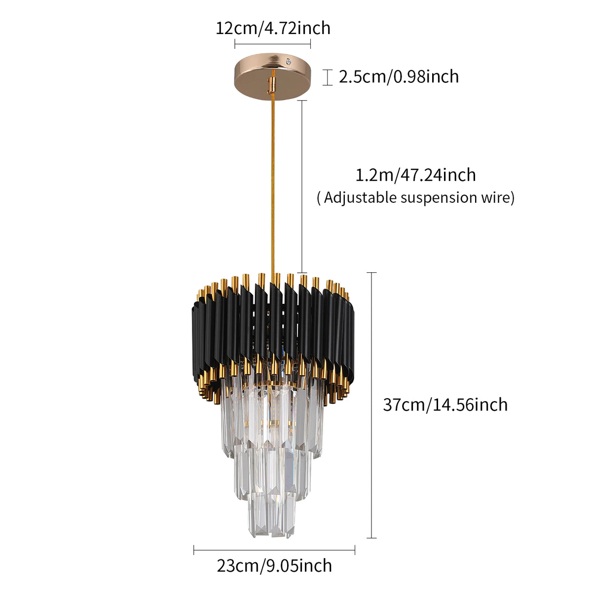 suspension lumineuse moderne noir doré cristal led rayures horizontales tubes transparents éclairage quotidien