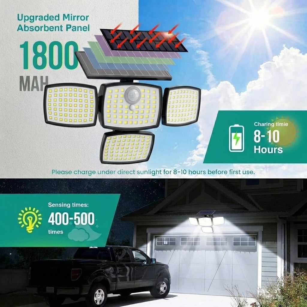 projecteur solaire détecteur mouvement 218 led noir jaune moderne ip65 télécommandeextérieurjardinpluie