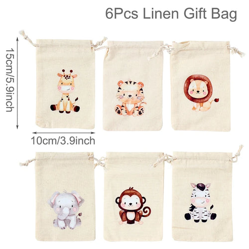 sacs bonbons animaux jungle coton beige girafe tigre lion éléphant singe zèbre festifs