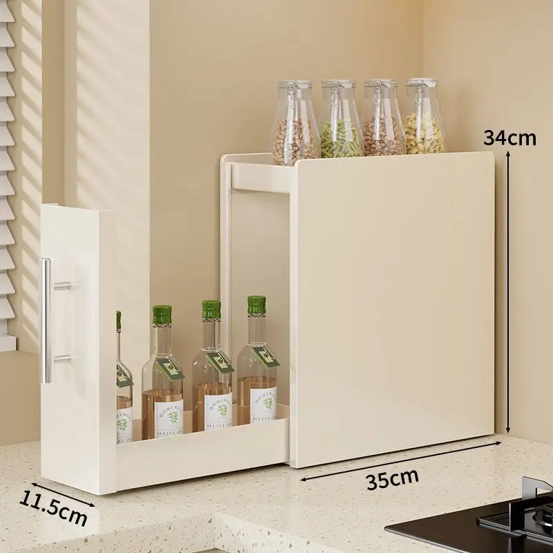 meuble rangement cuisine blanc hexagonal moderne poignées métalliques couteaux cuillères sauces pâtes huile planche