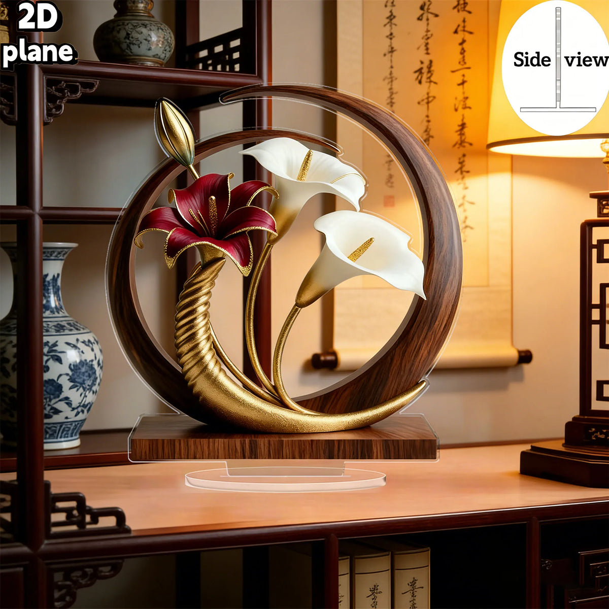 sculpture décorative contemporaine fleurs stylisées or brun foncé transparente base plate élégante intérieur maison