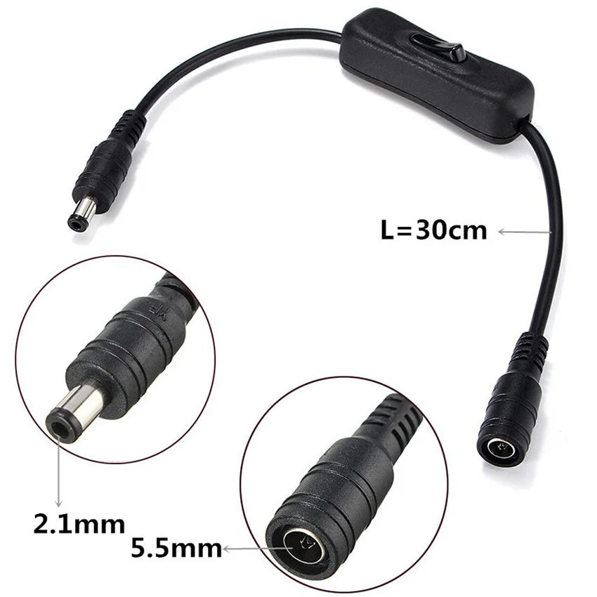 interrupteur led noir moderne adhésif câble 30cm connecteurs 5.5mm 2.1mm 24v 3amps