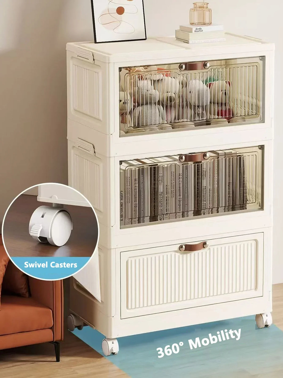 meuble rangement modulable pliable blanc rayures verticales moderne roulettes almacenamiento eficiente